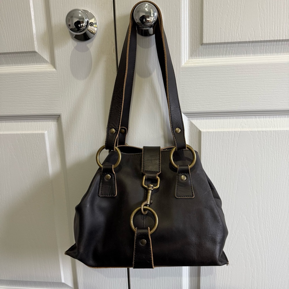 HOBO Black Leather Shoulder Bag with Gold Accents
